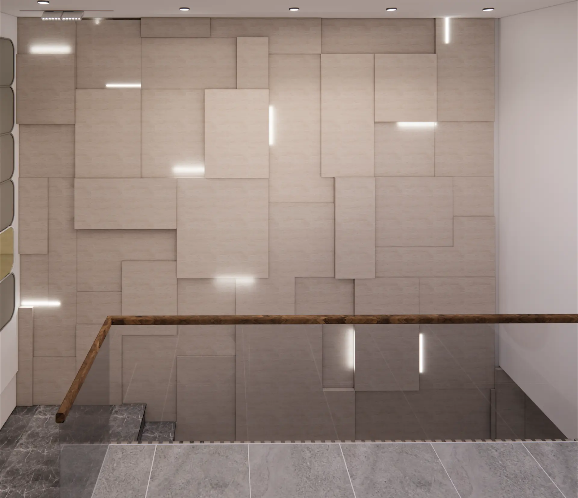 Corridor and stair detailing — enhanced marble panels with warm LED lighting