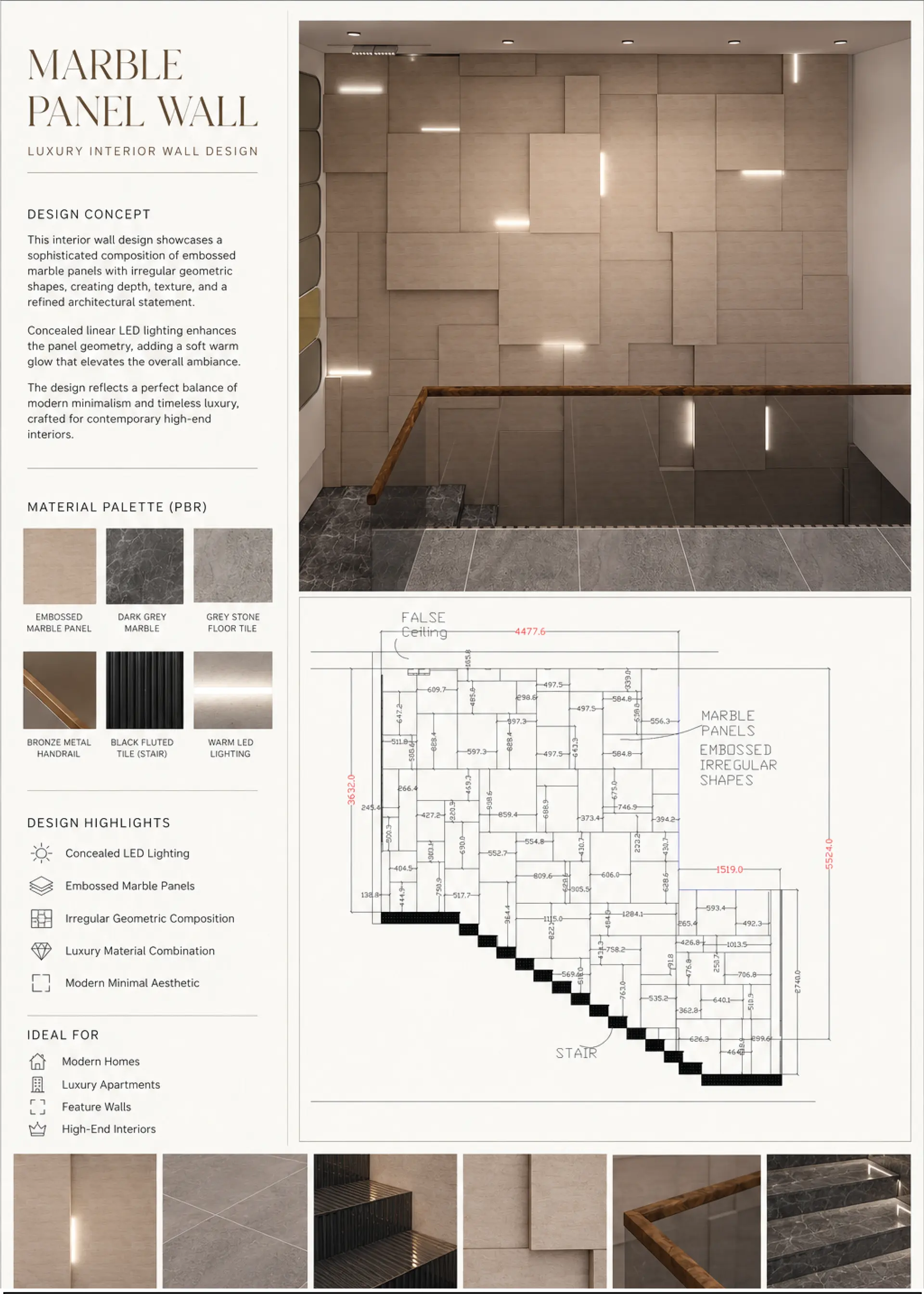 Material palette (PBR) with concealed LED and vanity detailing