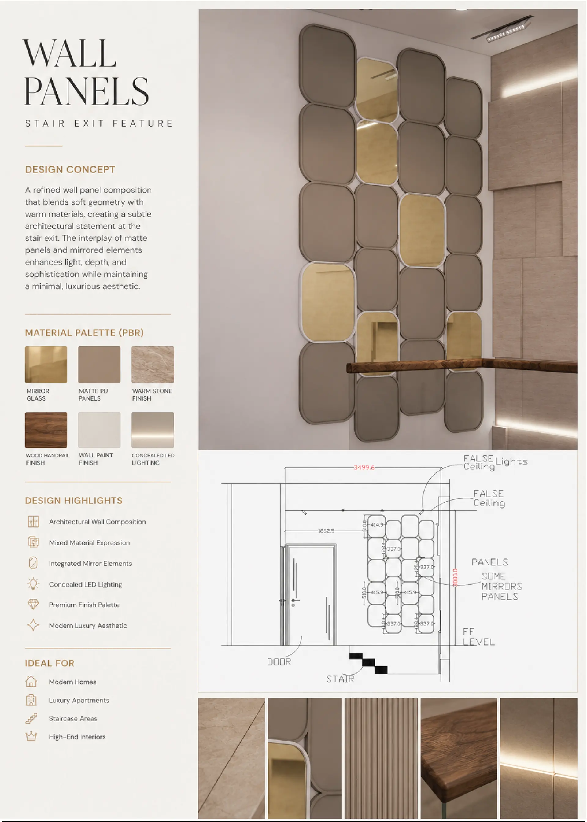 Wall panel set-out — mixed material composition and integrated fill-in elements